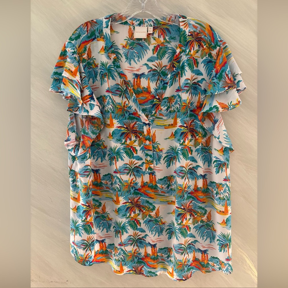 Zac & Rachel 3X Multicolored Beachy V-Neck Fluttered Sleeves Blouse Coastal